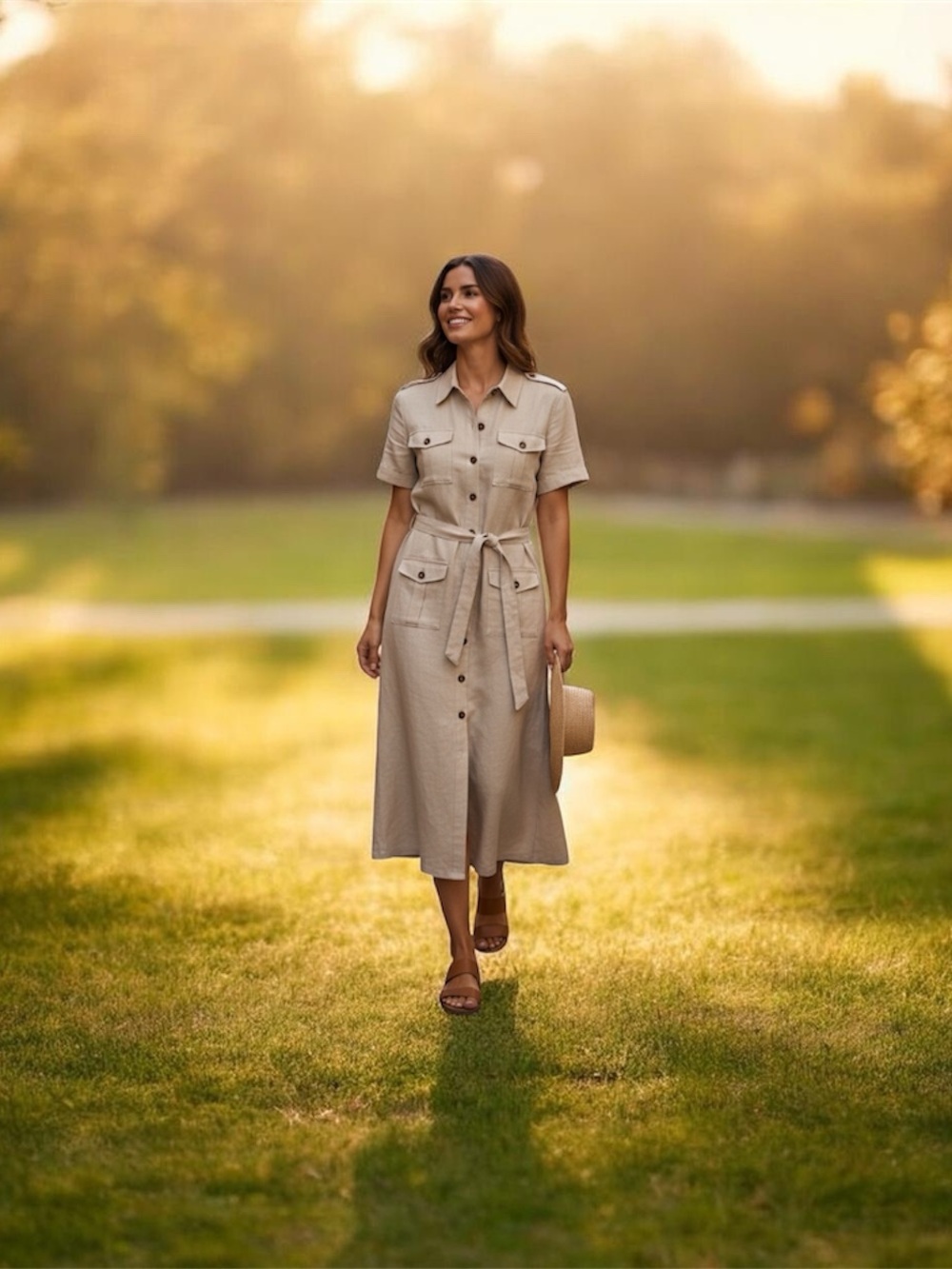 Belted Short-Sleeve Midi Shirt Dress in Cream - Picture 2 of 15